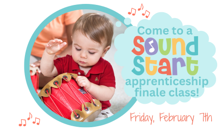 One-year-old boy wearing red polo and drumming a red, tymptone drum with one hand. Text reads, "Come to a Sound Start apprenticeship finale class!"