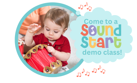 Come to a Sound Start demo class. Photo of young child wearing a red shirt and playing a red drum.