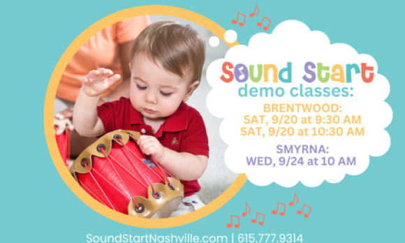 Little boy wearing a red shirt drumming on a red drum with his hands. Text states that there will be two free demo classes on Saturday, September 20th. One demo is from 9:30-10:15, the other demo is from 10:30-11:15.