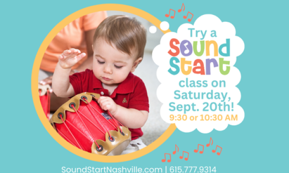 Little boy wearing a red shirt drumming on a red drum with his hands. Text states that there will be two free demo classes on Saturday, September 20th. One demo is from 9:30-10:15, the other demo is from 10:30-11:15.